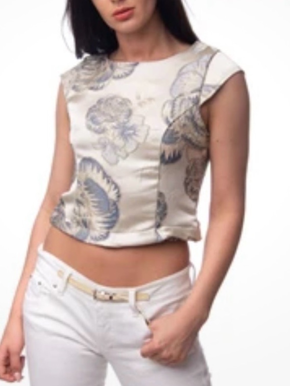 Cream Floral Jacquard Boat Neck Crop Top Size S